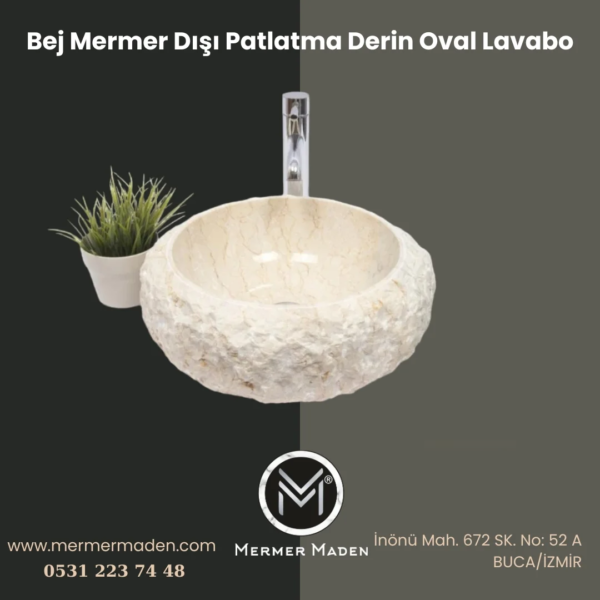 Bej Mermer Dışı Patlatma Derin Oval Lavabo | Modern ve Şık Doğal Taş Lavabo