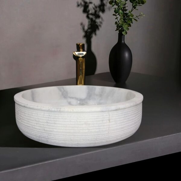 Afyon Beyaz Başlıklı Dışı Taramalı Lavabo | Modern ve Şık Doğal Taş Lavabo