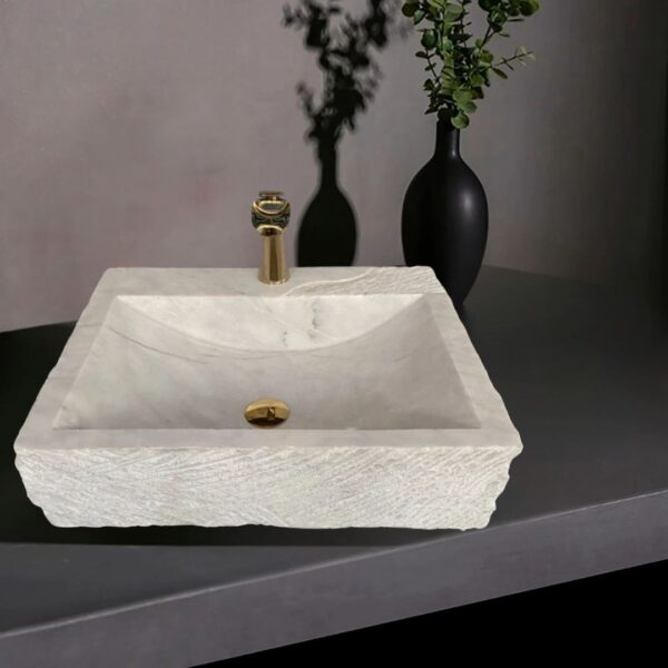 Afyon Beyaz Batarya Çıkışlı Dışı Desenli Lavabo | Modern ve Şık Doğal Taş Lavabo