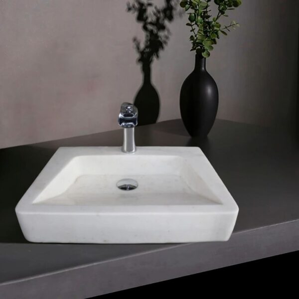 Afyon Beyaz Batarya Çıkışlı Lavabo | Modern ve Şık Doğal Taş Lavabo