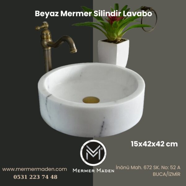 Beyaz Mermer Silindir Lavabo | Modern ve Şık Doğal Taş Lavabo