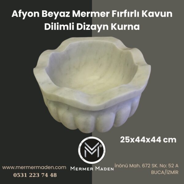 Afyon Beyaz Mermer Fırfırlı Kavun Dilimli Dizayn Kurna | Doğal Taş Hamam Kurnası