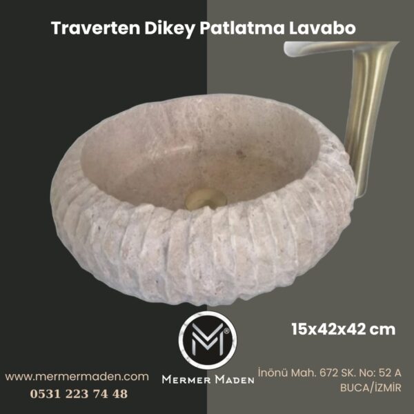 Traverten Dikey Patlatma Lavabo | Modern ve Şık Doğal Taş Lavabo