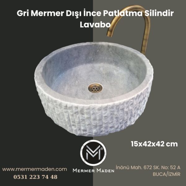 Gri Mermer Dışı İnce Patlatma Silindir Lavabo | Modern ve Şık Doğal Taş Lavabo