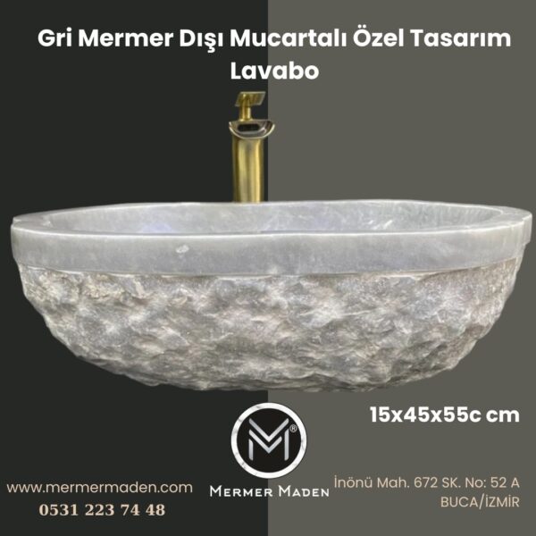 Gri Mermer Dışı Mucartalı Özel Tasarım Lavabo | Modern ve Şık Doğal Taş Lavabo