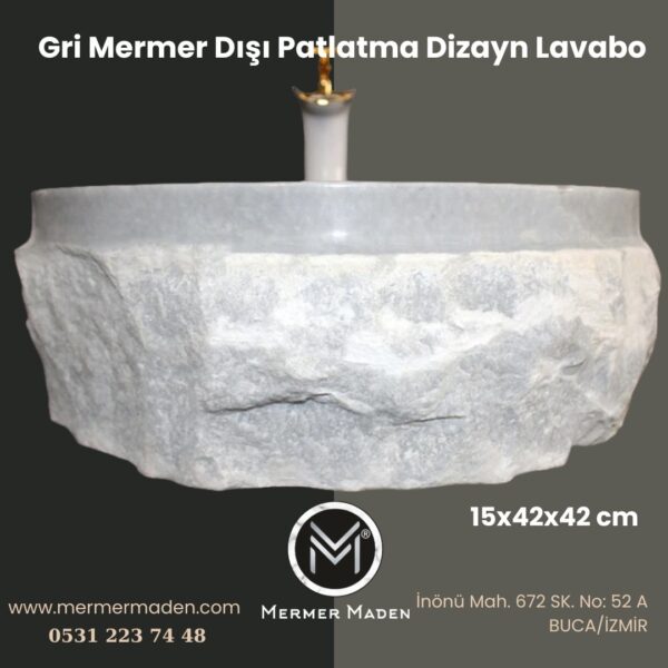 Gri Mermer Dışı Patlatma Dizayn Lavabo | Modern ve Şık Doğal Taş Lavabo