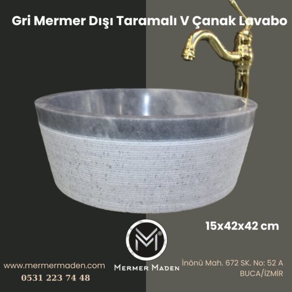 Gri Mermer Dışı Taramalı V Çanak Lavabo | Modern ve Şık Doğal Taş Lavabo