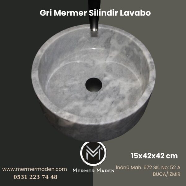 Gri Mermer Silindir Lavabo | Modern ve Şık Doğal Taş Lavabo