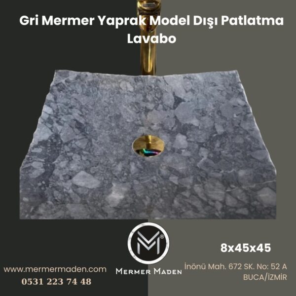 Gri Mermer Yaprak Model Dışı Patlatma Lavabo | Modern ve Şık Doğal Taş Lavabo