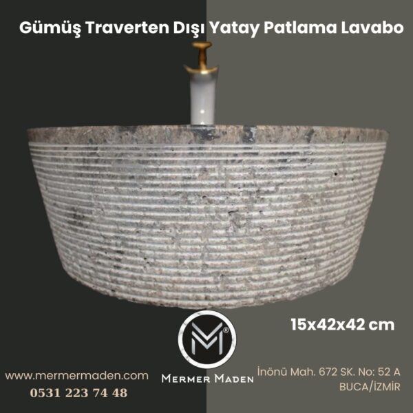 Gümüş Traverten Dışı Yatay Patlama Lavabo | Modern ve Şık Doğal Taş Lavabo