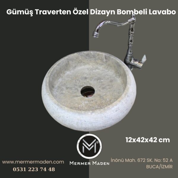 Gümüş Traverten Özel Dizayn Bombeli Lavabo | Modern ve Şık Doğal Taş Lavabo