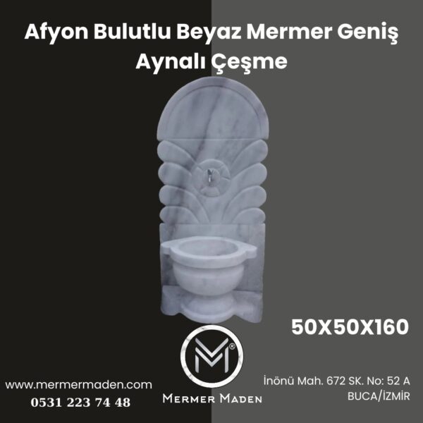 Afyon Bulutlu Beyaz Mermer Geniş Aynalı Çeşme | Doğal Taş Bahçe Çeşmesi