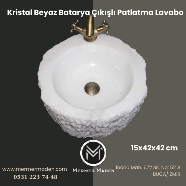 Kristal Beyaz Batarya Çıkışlı Patlatma Lavabo | Modern ve Şık Doğal Taş Lavabo