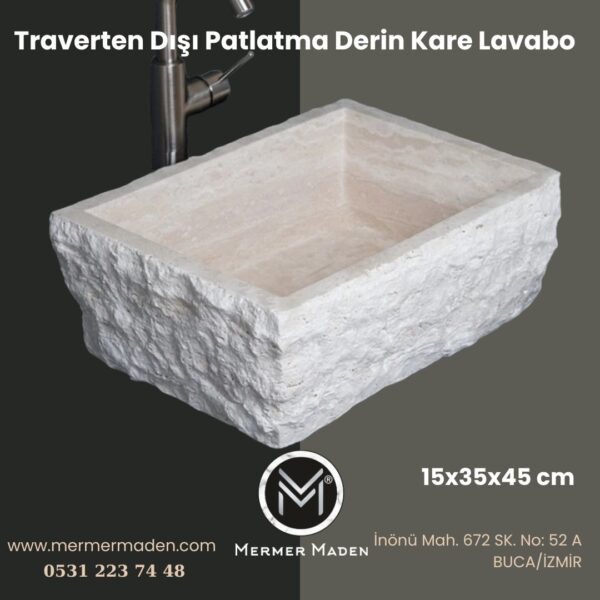 Traverten Dışı Patlatma Derin Kare Lavabo | Modern ve Şık Doğal Taş Lavabo