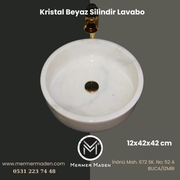 Kristal Beyaz Silindir Lavabo | Modern ve Şık Doğal Taş Lavabo