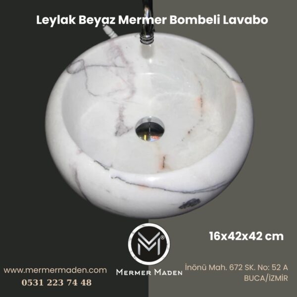 Leylak Beyaz Mermer Bombeli Lavabo | Modern ve Şık Doğal Taş Lavabo
