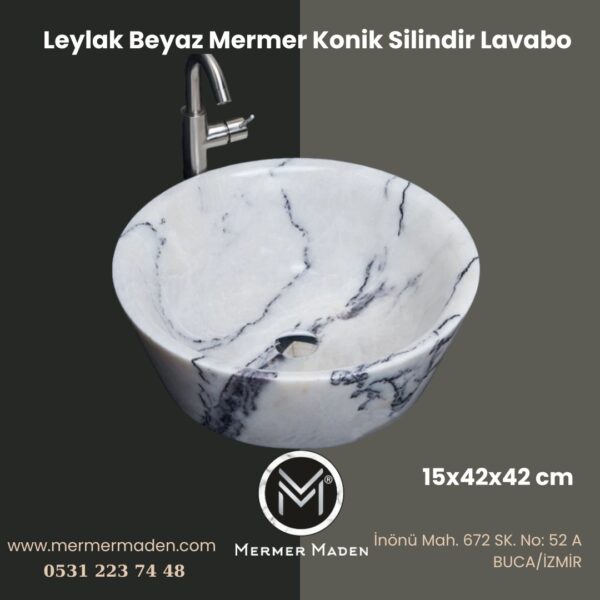 Leylak Beyaz Mermer Konik Silindir Lavabo | Modern ve Şık Doğal Taş Lavabo