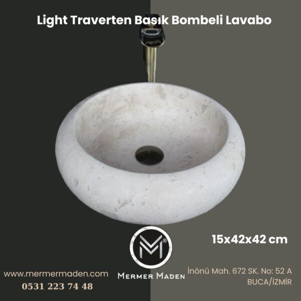 Light Traverten Basık Bombeli Lavabo | Modern ve Şık Doğal Taş Lavabo