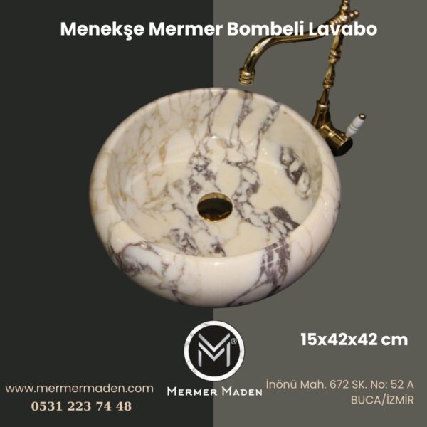 Menekşe Mermer Bombeli Lavabo | Modern ve Şık Doğal Taş Lavabo