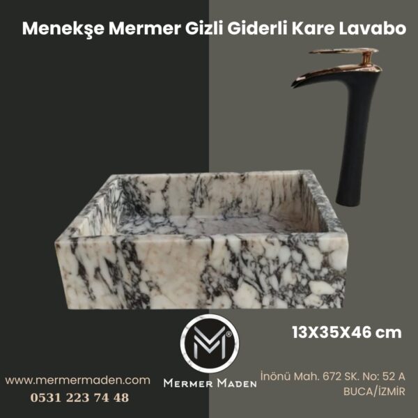 Menekşe Mermer Gizli Giderli Kare Lavabo | Modern ve Şık Doğal Taş Lavabo