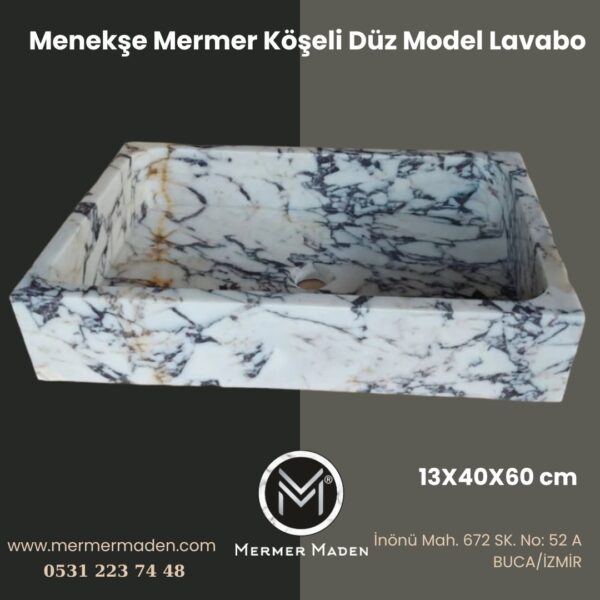 Menekşe Mermer Köşeli Düz Model Lavabo | Modern ve Şık Doğal Taş Lavabo