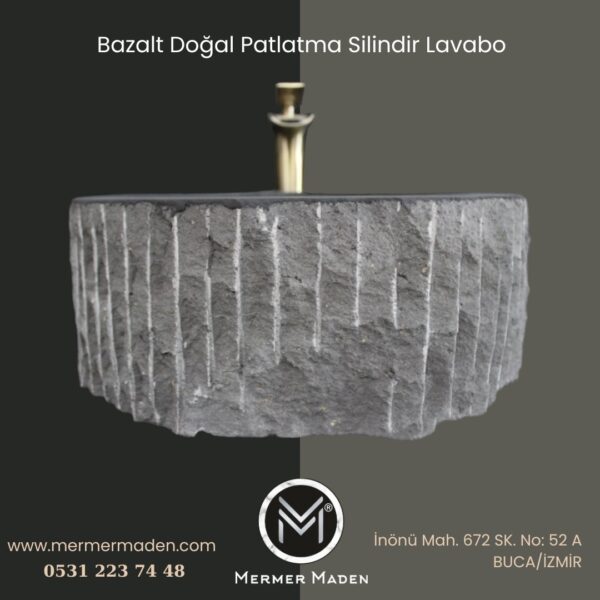 Bazalt Doğal Patlatma Silindir Lavabo | Modern ve Şık Doğal Taş Lavabo