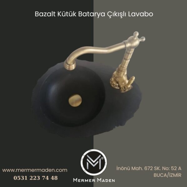 Bazalt Kütük Batarya Çıkışlı Lavabo | Modern ve Şık Doğal Taş Lavabo
