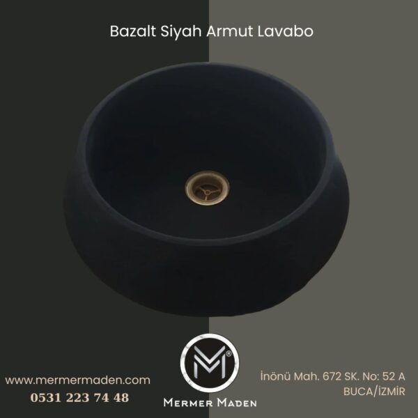 Bazalt Siyah Armut Lavabo | Modern ve Şık Doğal Taş Lavabo