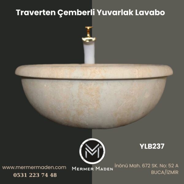 Traverten Çemberli Yuvarlak Lavabo | Modern ve Şık Doğal Taş Lavabo