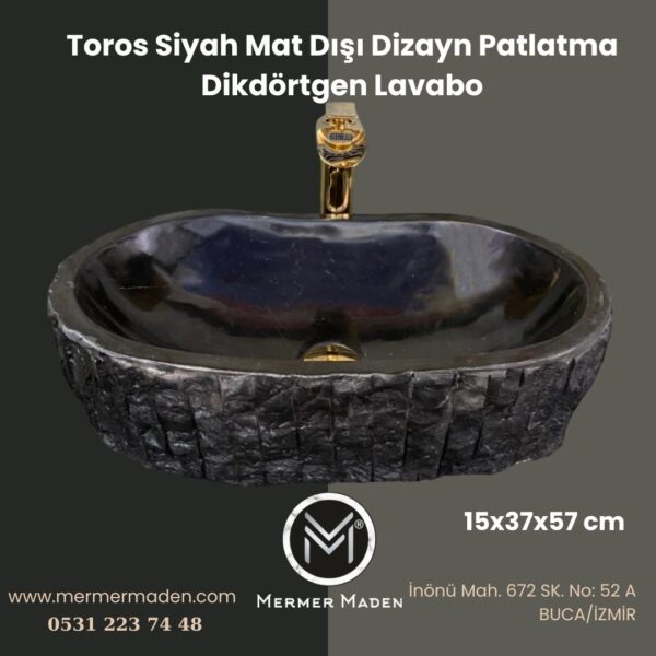 Toros Siyah Mat Dışı Dizayn Patlatma Dikdörtgen Lavabo | Modern ve Şık Doğal Taş Lavabo