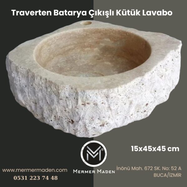 Traverten Batarya Çıkışlı Kütük Lavabo | Modern ve Şık Doğal Taş Lavabo