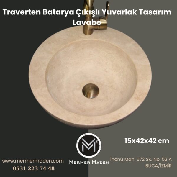 Traverten Batarya Çıkışlı Yuvarlak Tasarım Lavabo | Modern ve Şık Doğal Taş Lavabo