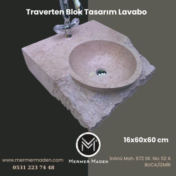 Traverten Blok Tasarım Lavabo | Modern ve Şık Doğal Taş Lavabo