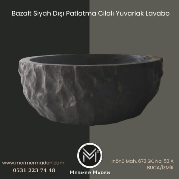 Bazalt Siyah Dışı Patlatma Cilalı Yuvarlak Lavabo | Modern ve Şık Doğal Taş Lavabo