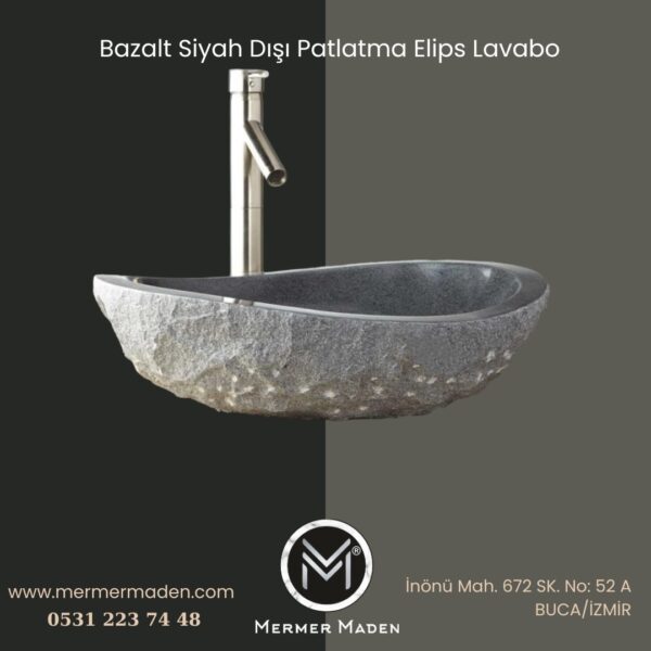 Bazalt Siyah Dışı Patlatma Elips Lavabo | Modern ve Şık Doğal Taş Lavabo