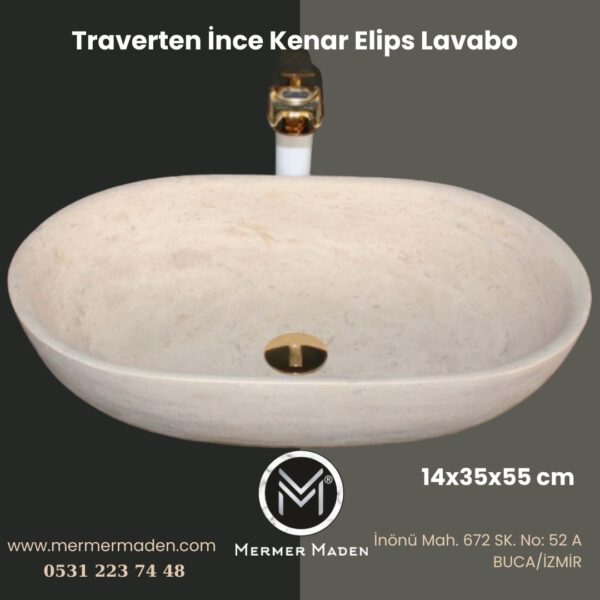 Traverten İnce Kenar Elips Lavabo | Modern ve Şık Doğal Taş Lavabo