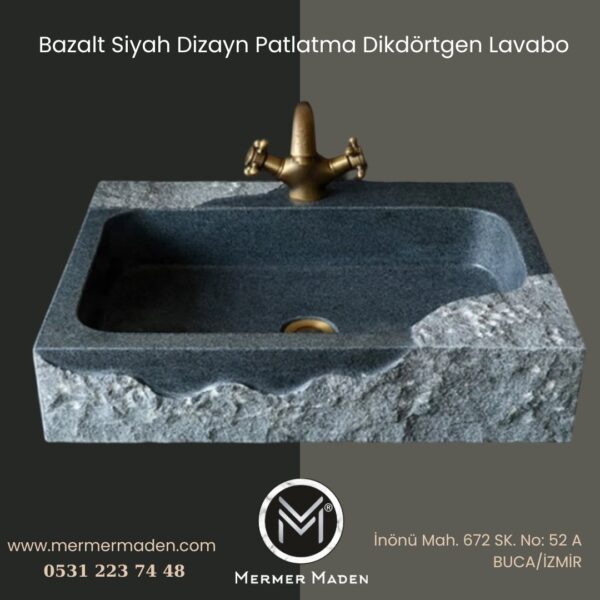 Bazalt Siyah Dizayn Patlatma Dikdörtgen Lavabo | Modern ve Şık Doğal Taş Lavabo