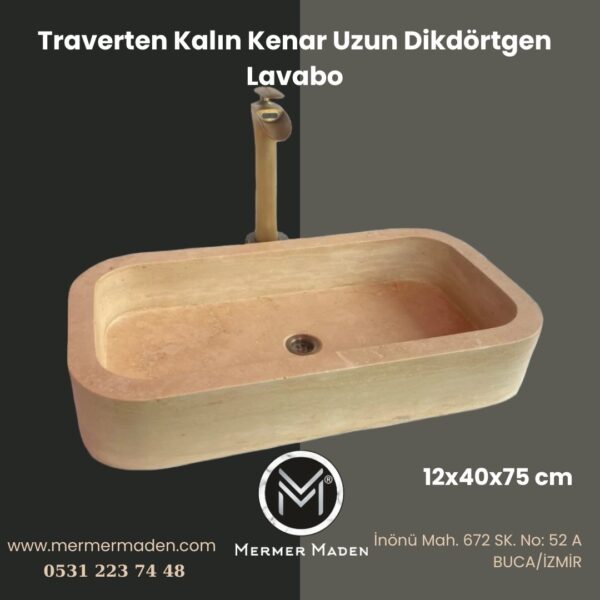 Traverten Kalın Kenar Uzun Dikdörtgen Lavabo | Modern ve Şık Doğal Taş Lavabo