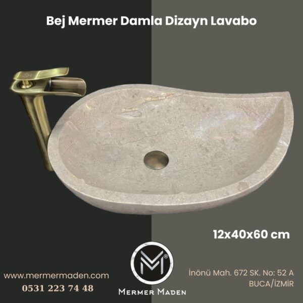 Bej Mermer Damla Dizayn Lavabo | Modern ve Şık Doğal Taş Lavabo