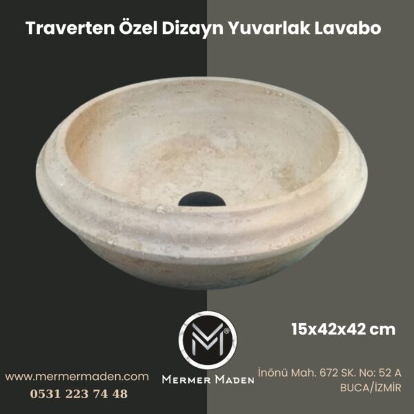 Traverten Özel Dizayn Yuvarlak Lavabo | Modern ve Şık Doğal Taş Lavabo