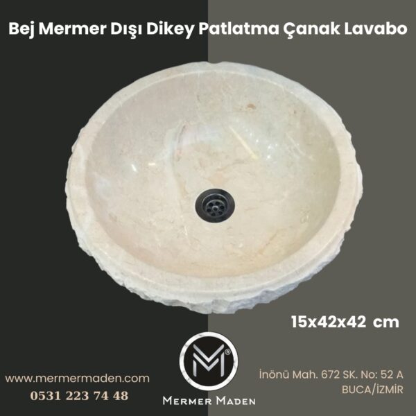 Bej Mermer Dışı Dikey Patlatma Çanak Lavabo | Modern ve Şık Doğal Taş Lavabo