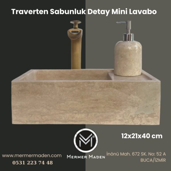 Traverten Sabunluk Detay Mini Lavabo | Modern ve Şık Doğal Taş Lavabo