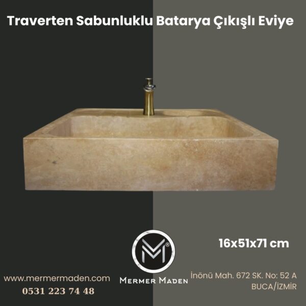 Traverten Sabunluklu Batarya Çıkışlı Eviye | Modern ve Şık Doğal Taş Lavabo