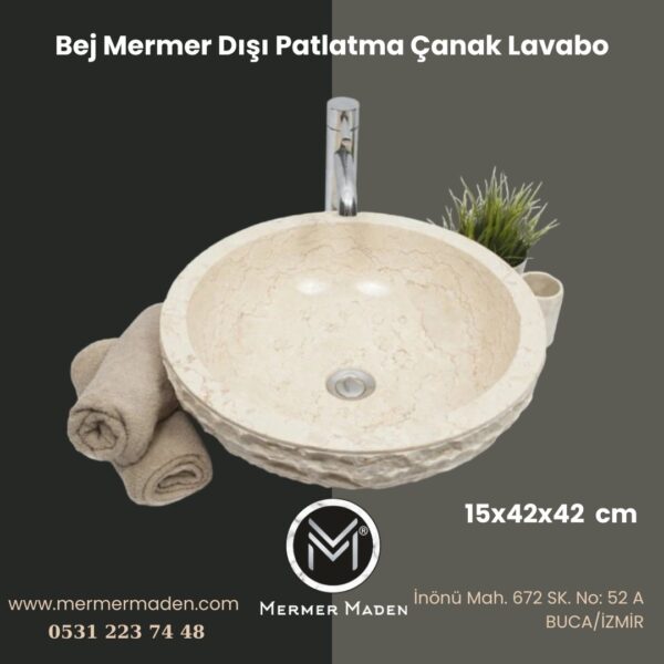 Bej Mermer Dışı Patlatma Çanak Lavabo | Modern ve Şık Doğal Taş Lavabo