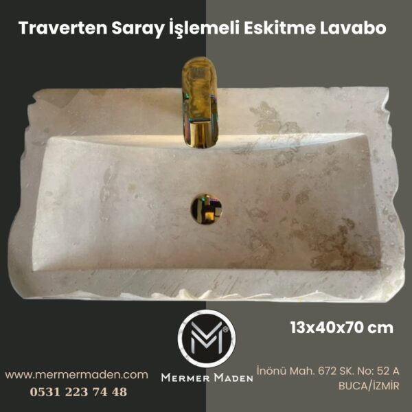 Traverten Saray İşlemeli Eskitme Lavabo | Modern ve Şık Doğal Taş Lavabo