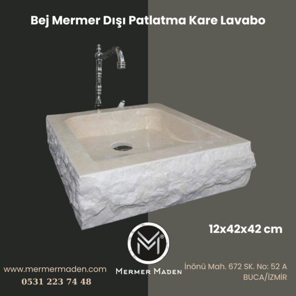 Bej Mermer Dışı Patlatma Kare Lavabo | Modern ve Şık Doğal Taş Lavabo