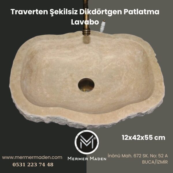 Traverten Şekilsiz Dikdörtgen Patlatma Lavabo | Modern ve Şık Doğal Taş Lavabo