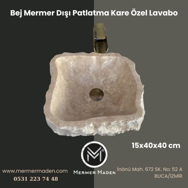 Bej Mermer Dışı Patlatma Kare Özel Lavabo | Modern ve Şık Doğal Taş Lavabo