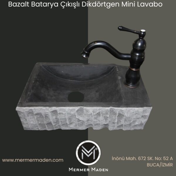 Bazalt Batarya Çıkışlı Dikdörtgen Mini Lavabo | Modern ve Şık Doğal Taş Lavabo