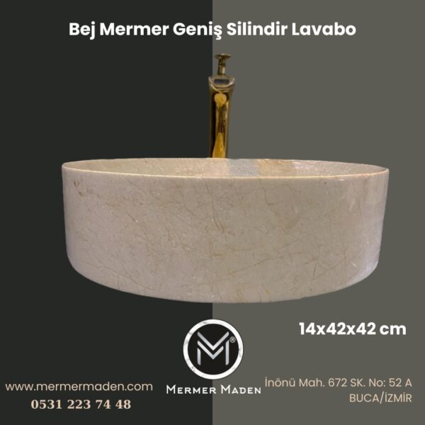 Bej Mermer Geniş Silindir Lavabo | Modern ve Şık Doğal Taş Lavabo